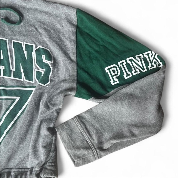 PINK Victoria's Secret Gray and Green MSU Spartans Drawstring Cropped Hoodie. - Picture 3 of 8